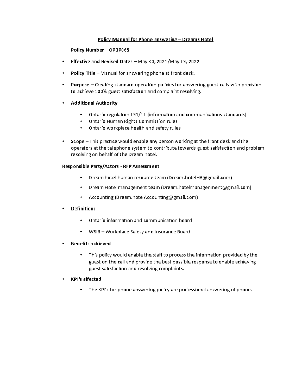 Policy Manual for Phone answering Purpose Creating standard