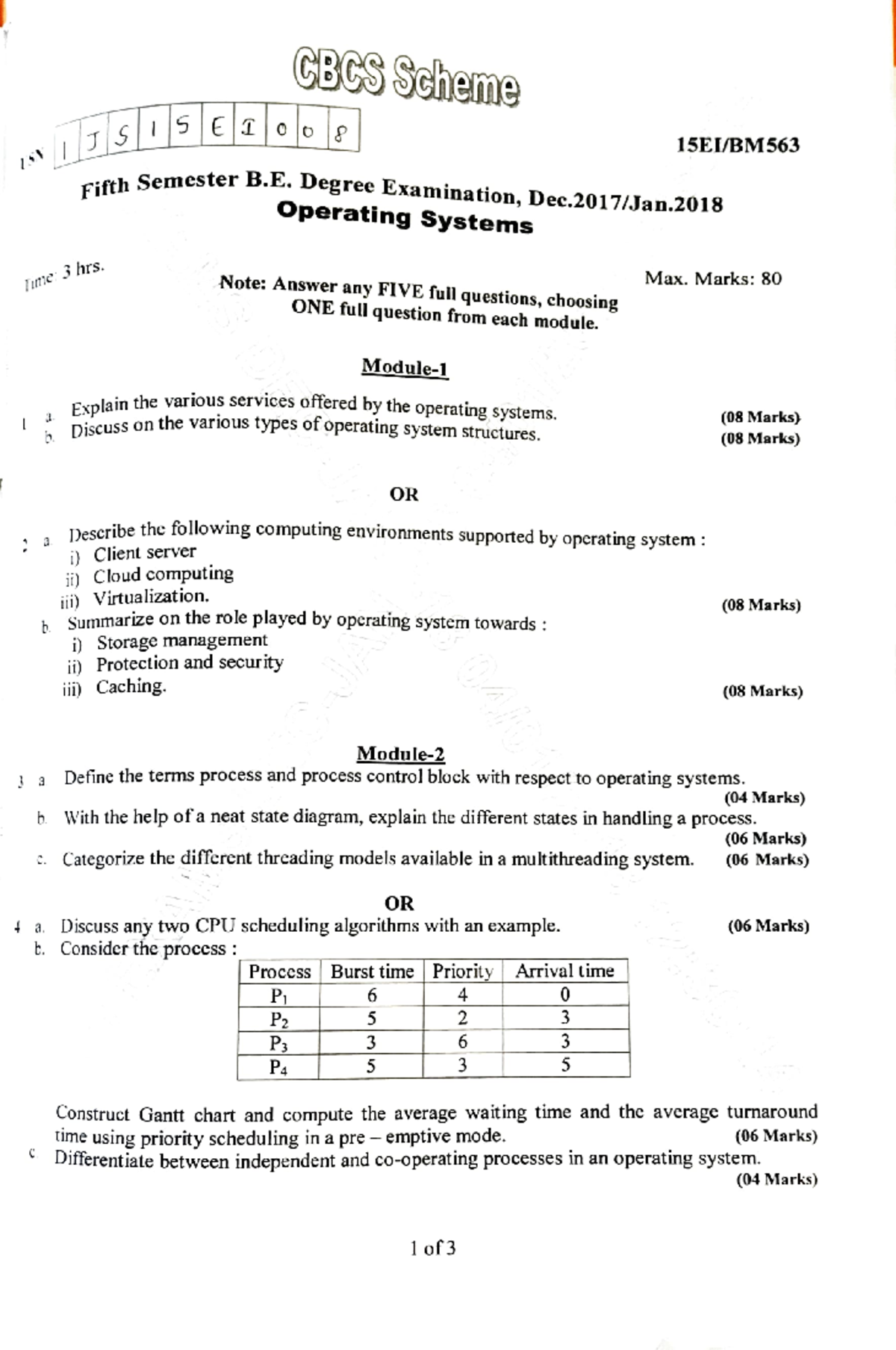 OS . MQP - Question paper - C3GS Ssheme o 15E/BM Semester B. E. Degree ...