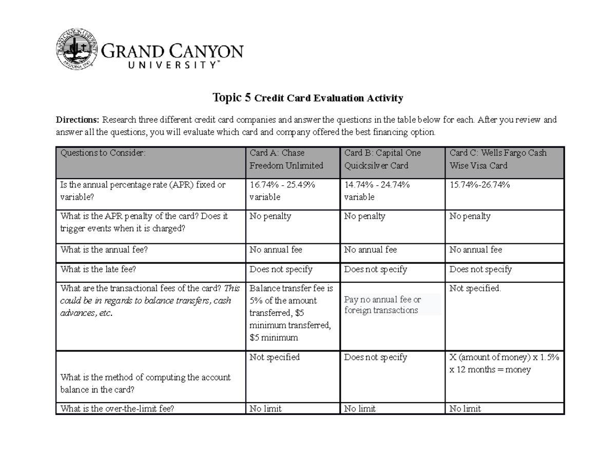 assignment on credit card