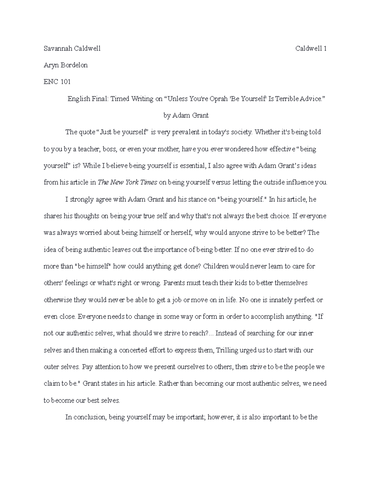 English Final: Timed Writing on “Unless You're Oprah 'Be Yourself' Is ...