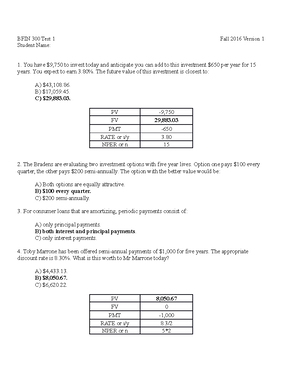 BFIN 300 Test I Guideline Answers - Version 1 BFIN 300 Test I Student ...