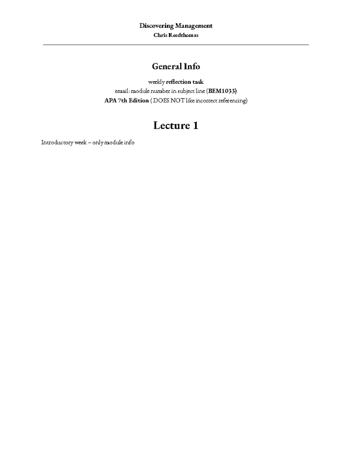 Discovering Management Term 1 - Chris Reedthomas General Info weekly ...