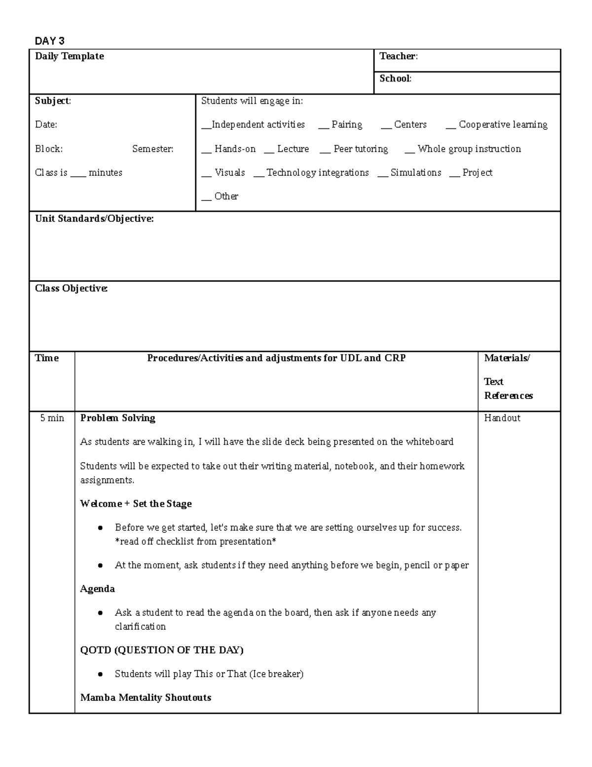 6th grade Math-Summer School DAY 3 LP - DAY 3 Daily Template Teacher ...