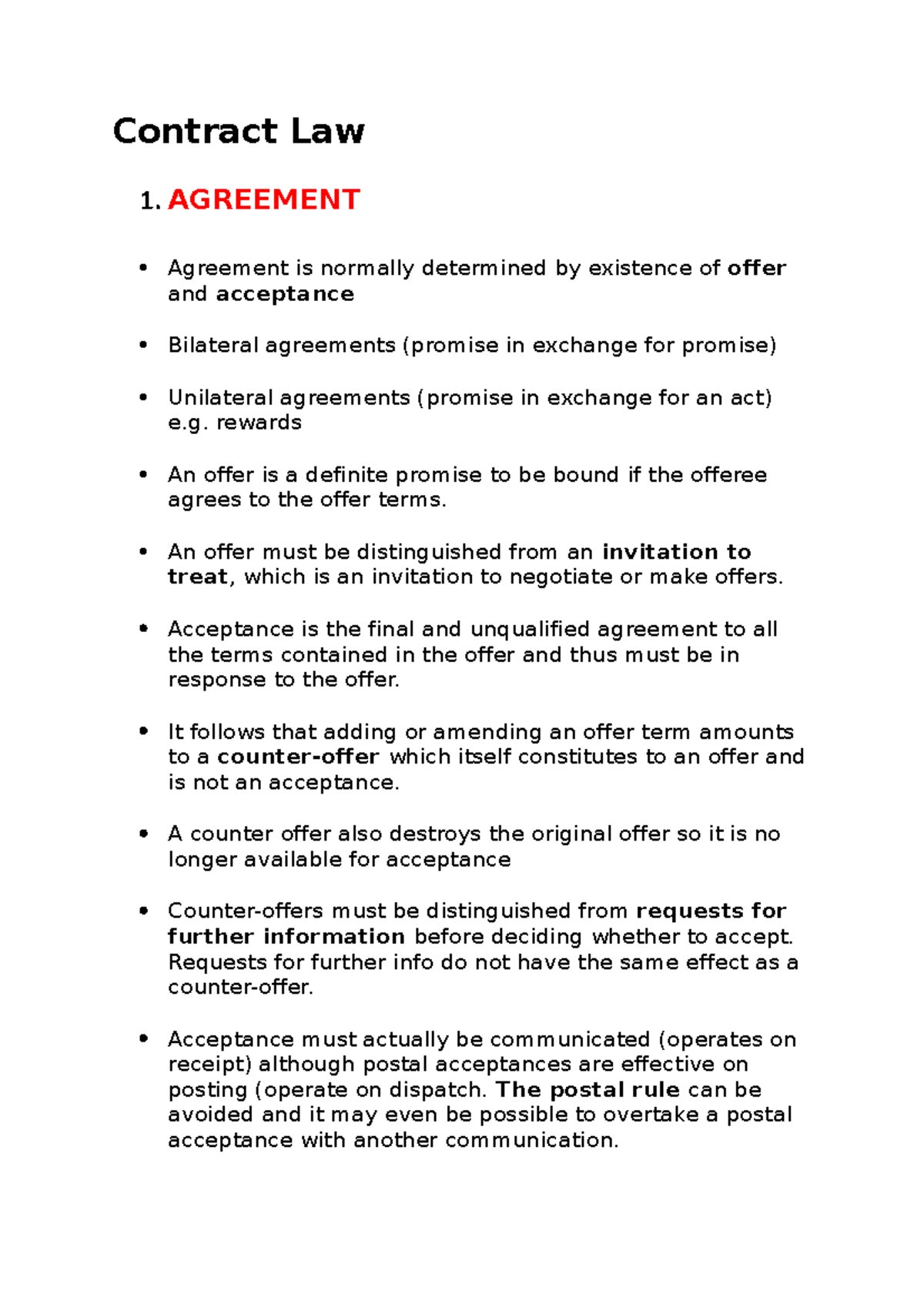 Contract Law Notes - Contract Law 1. AGREEMENT Agreement is normally ...