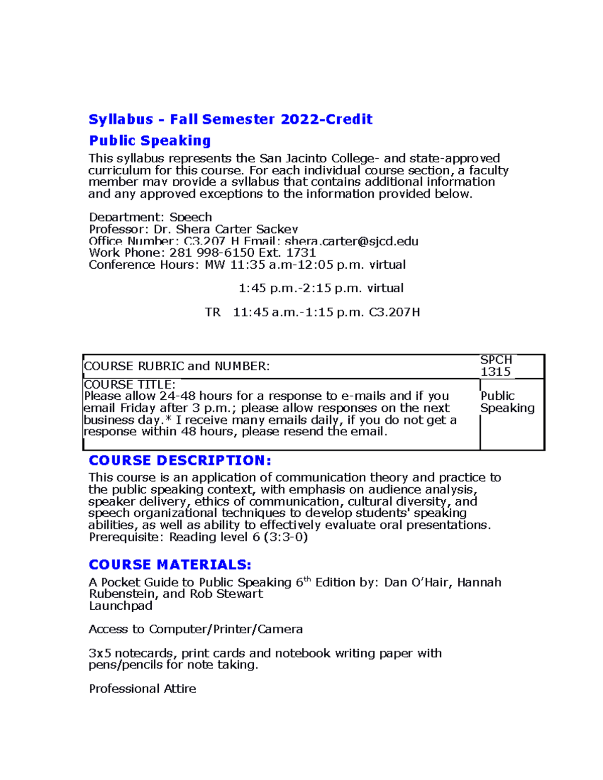 Fall 22 Public Speaking Syllabus 8-15-22 - Syllabus - Fall Semester ...