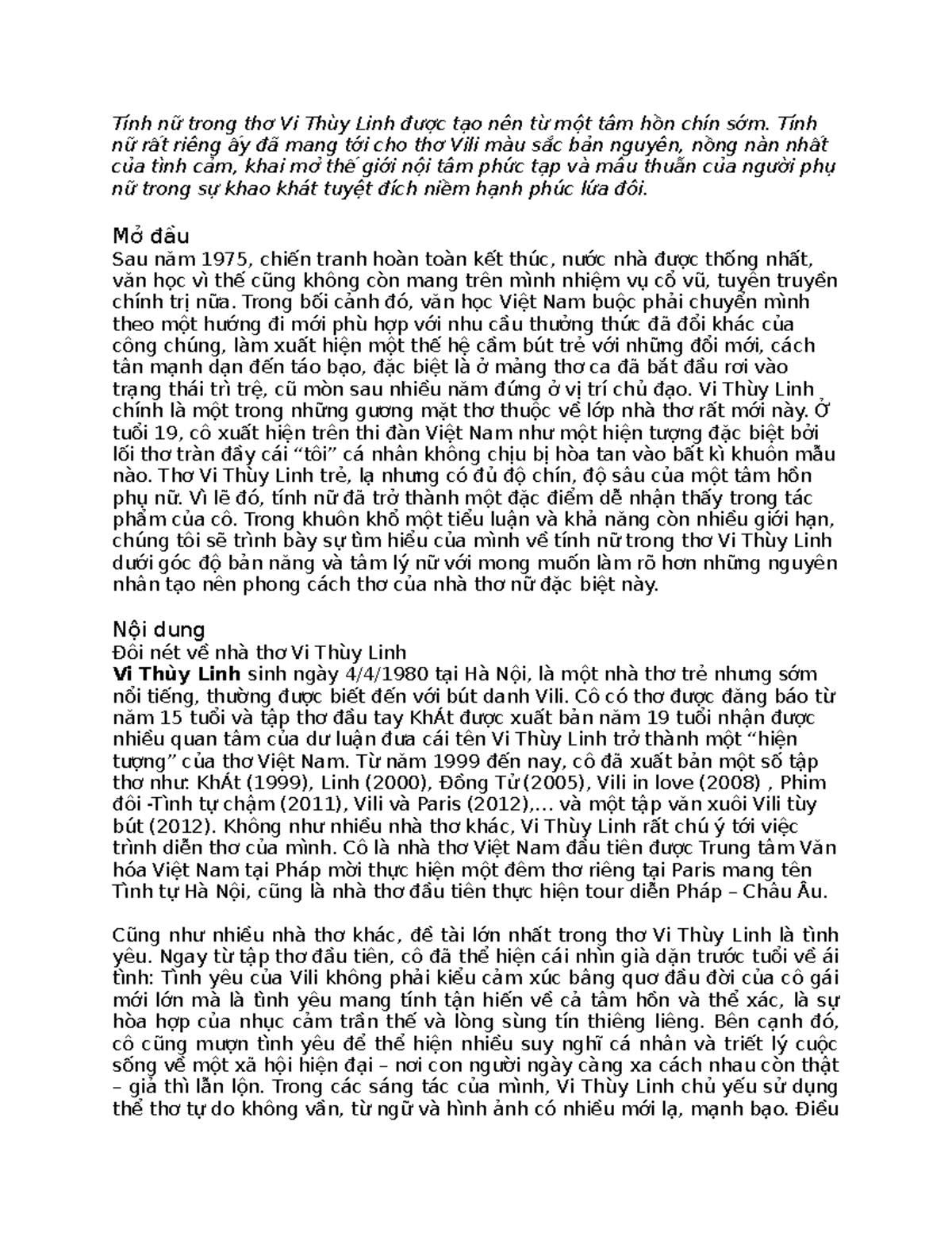 Tính nữ trong thơ Vi Thùy Linh - Tính nữ trong thơ Vi Thùy Linh được ...