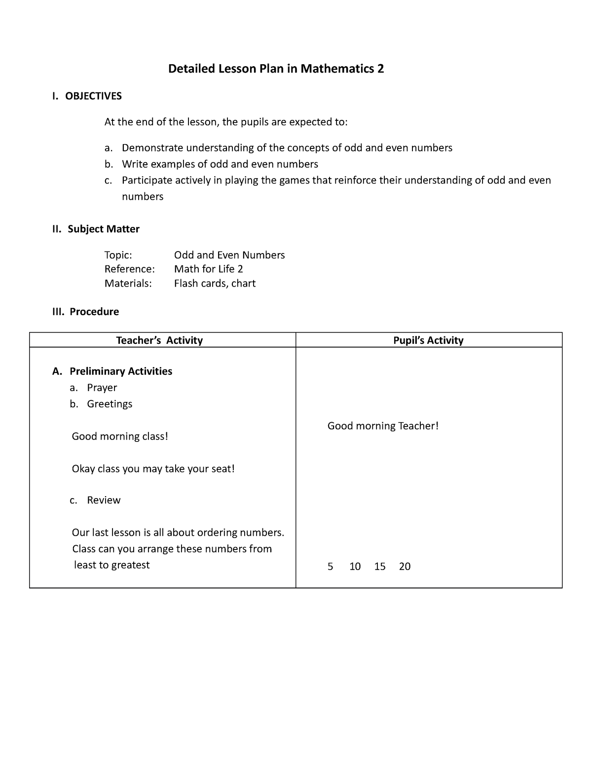 Detailed Lesson Plan In Mathematics 2 Odd And Even Numbers Detailed