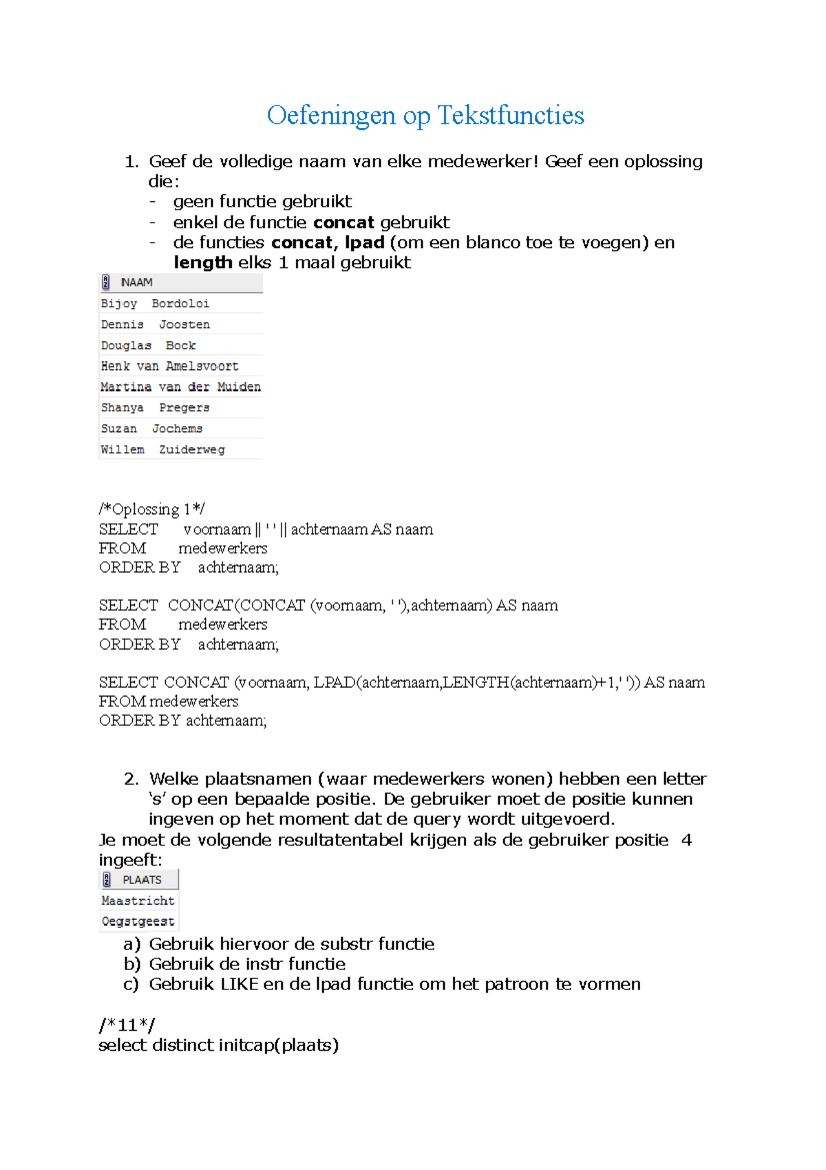 Databanken Tekst_Functies Oefeningen 8 - Oefeningen Op Tekstfuncties ...