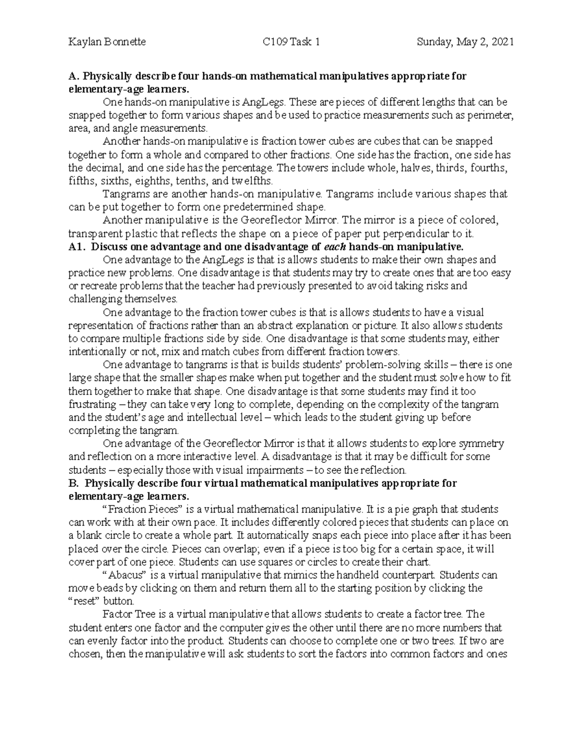 C109 Task1 Bonnette Kaylan - Kaylan Bonnette C109 Task 1 Friday, June ...