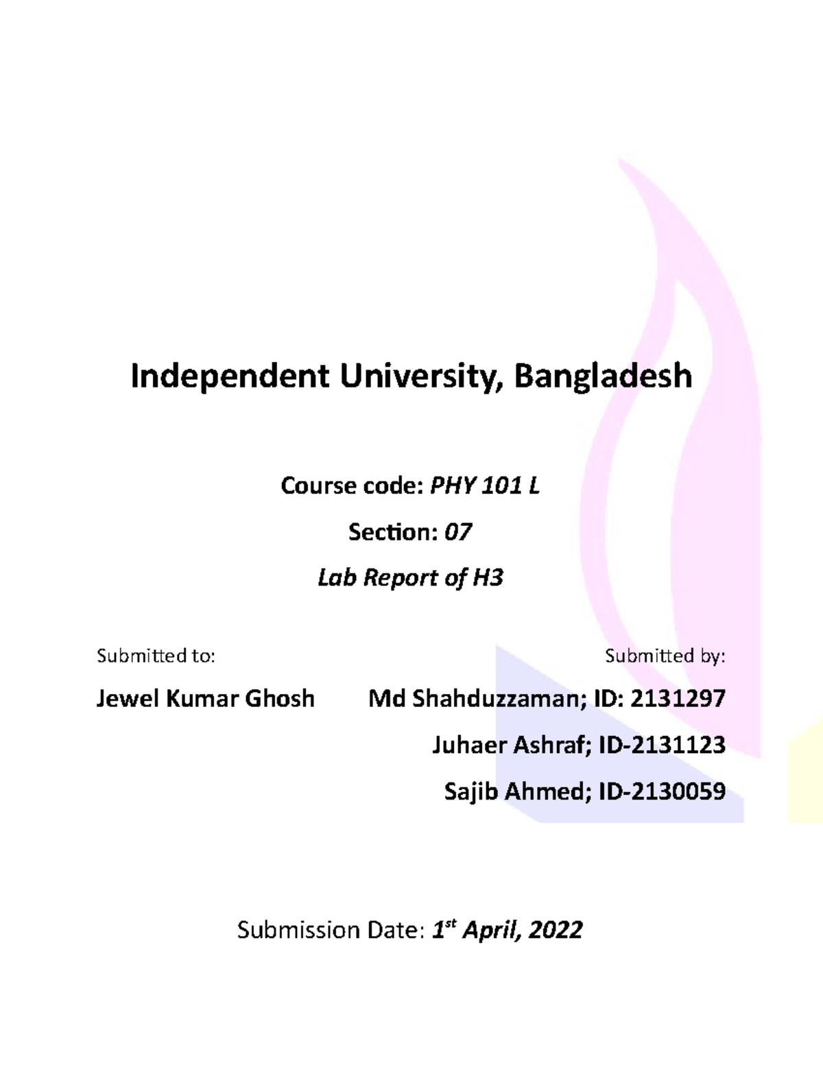 Lab Report H3, Group-5 - Independent University, Bangladesh Course Code ...