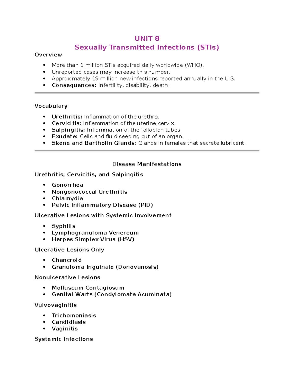 Patho Exam 4 - Exam 4 - UNIT 8 Sexually Transmitted Infections (STIs ...