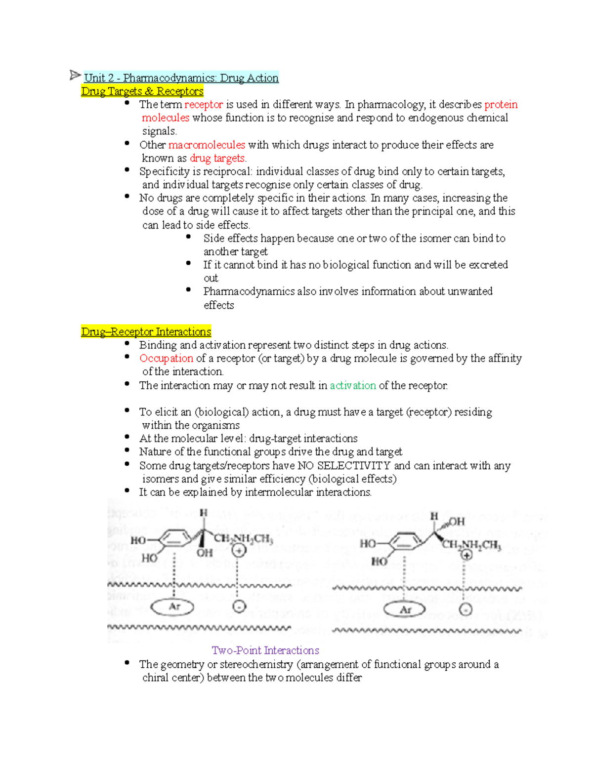 Pharm Unit 2 Notes - Unit 2 - Pharmacodynamics: Drug Action Drug ...