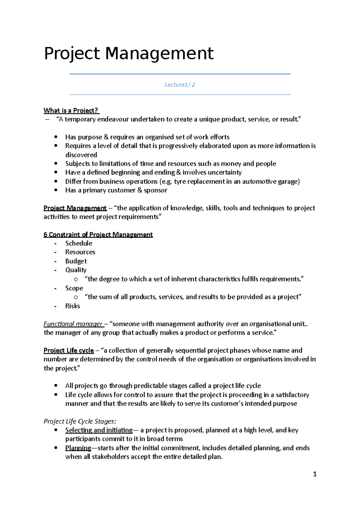 Intro to PM - Project Management Lecture1/ 2 What is a Project? - “A ...