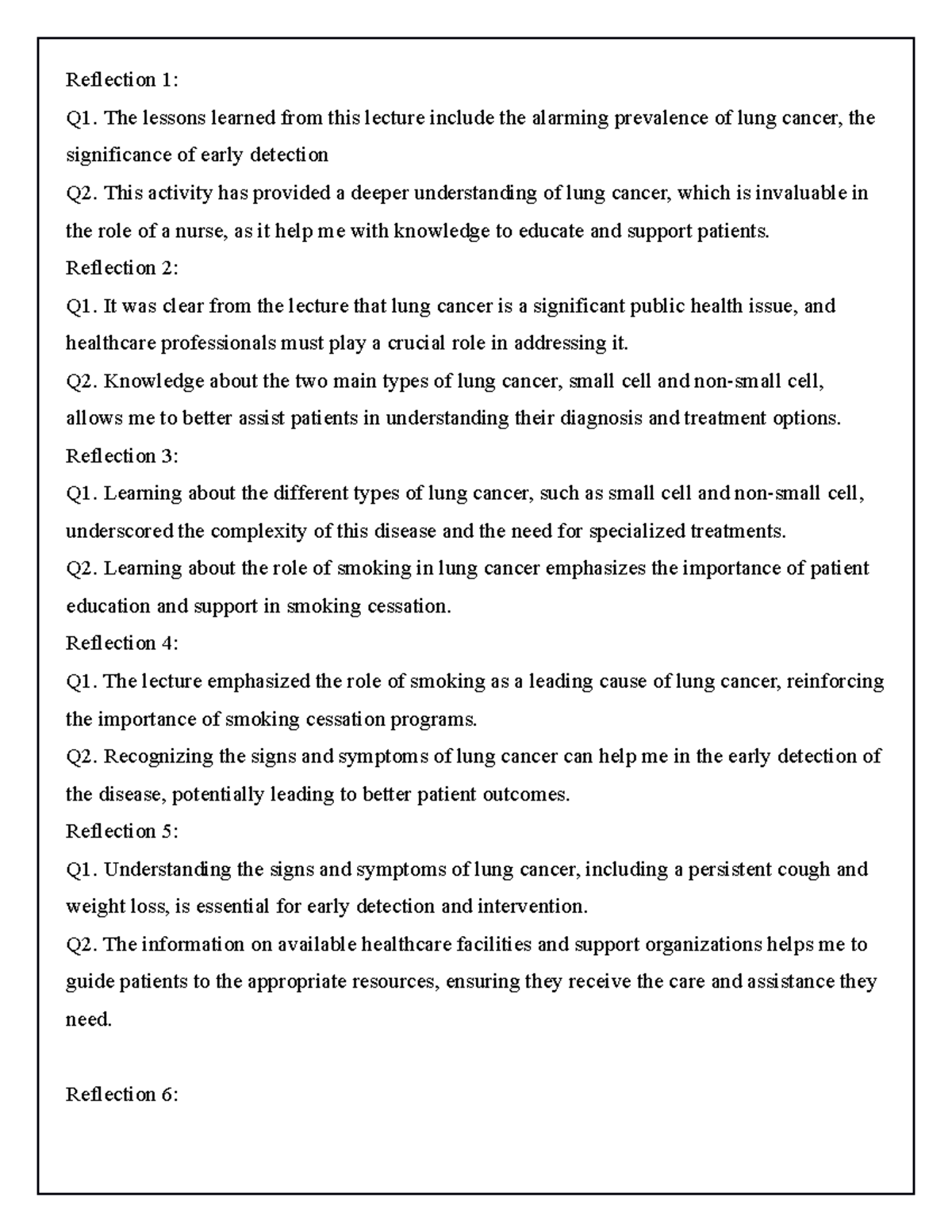 Reflection 1 - NOTE - Reflection 1: Q1. The lessons learned from this ...