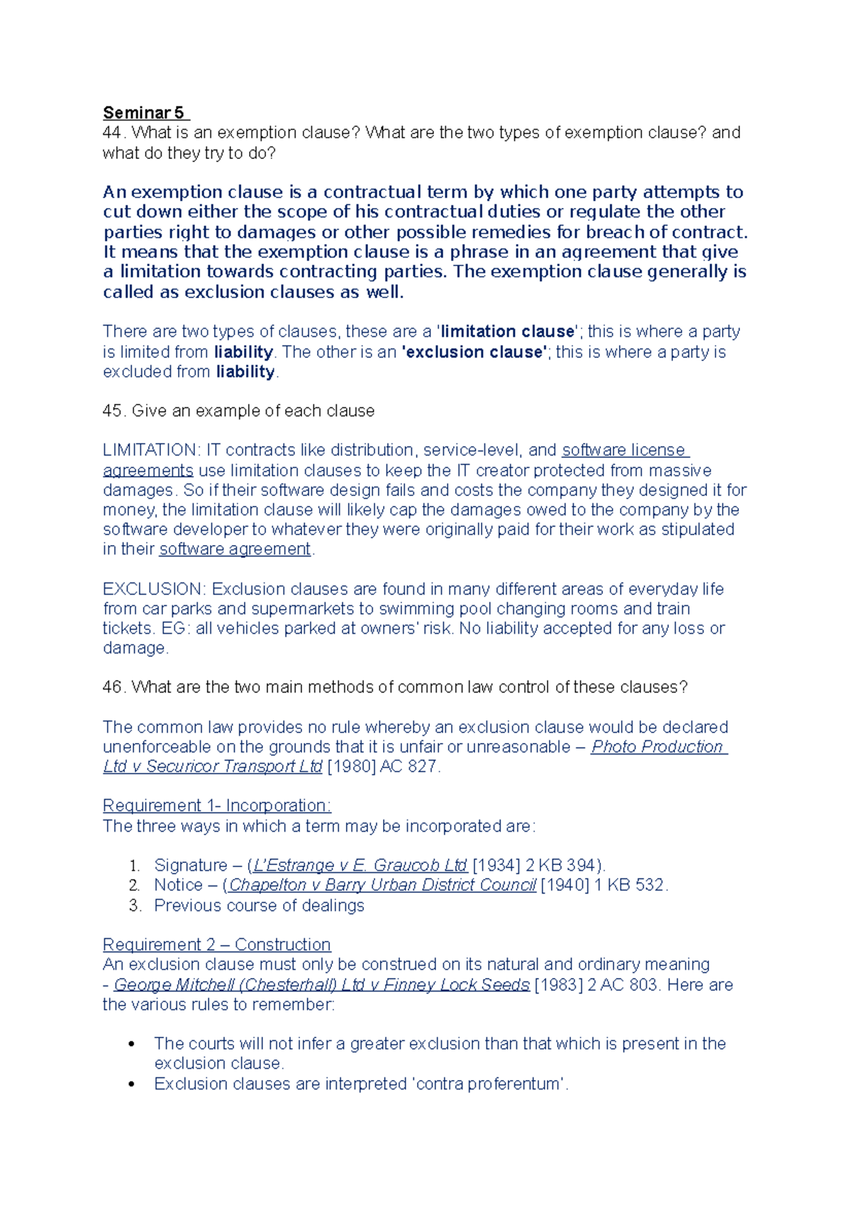 Seminar 5 Worksheet Seminar 5 44. What is an exemption clause? What