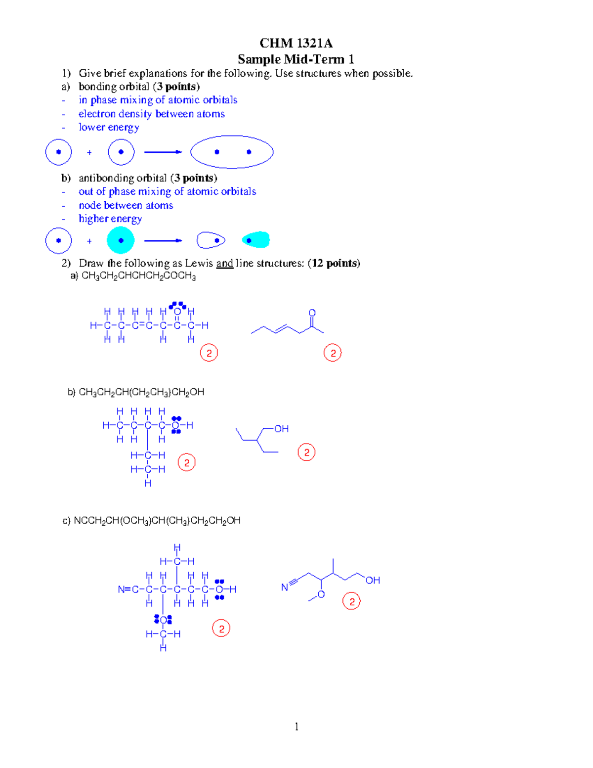 Organic Chemistry Sample Midterm - CHM 1321A 1) Give Brief Explanations ...