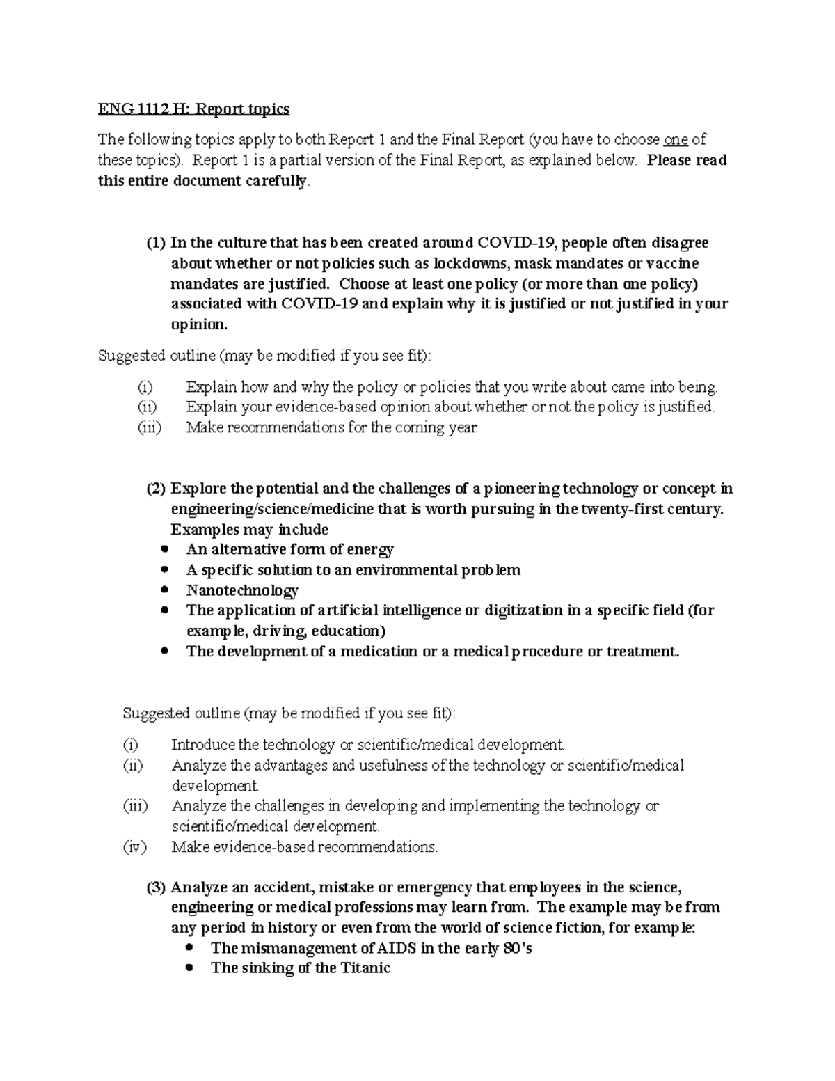 ENG1112 H Report Instructions - ENG 1112 H: Report Topics The Following ...