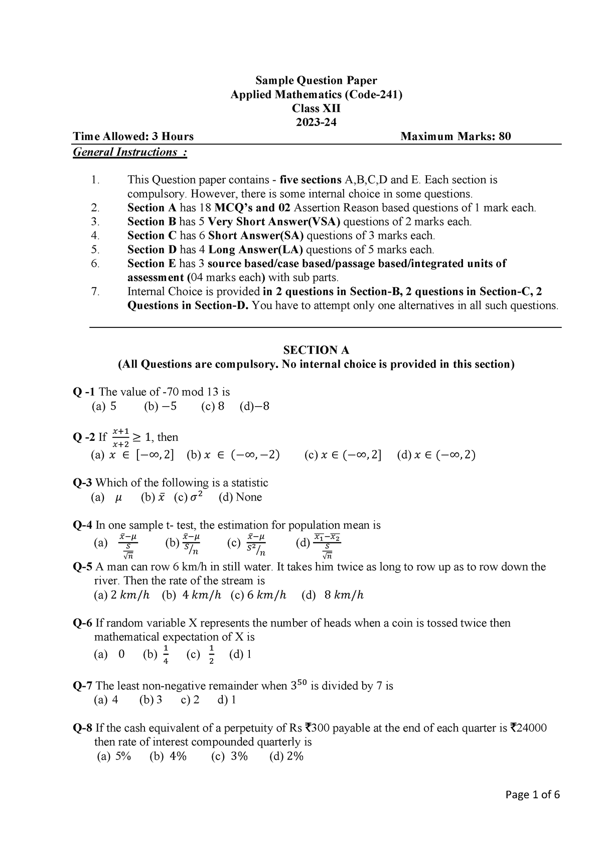 12312 Applied-Maths-SQP - Sample Question Paper Applied Mathematics ...