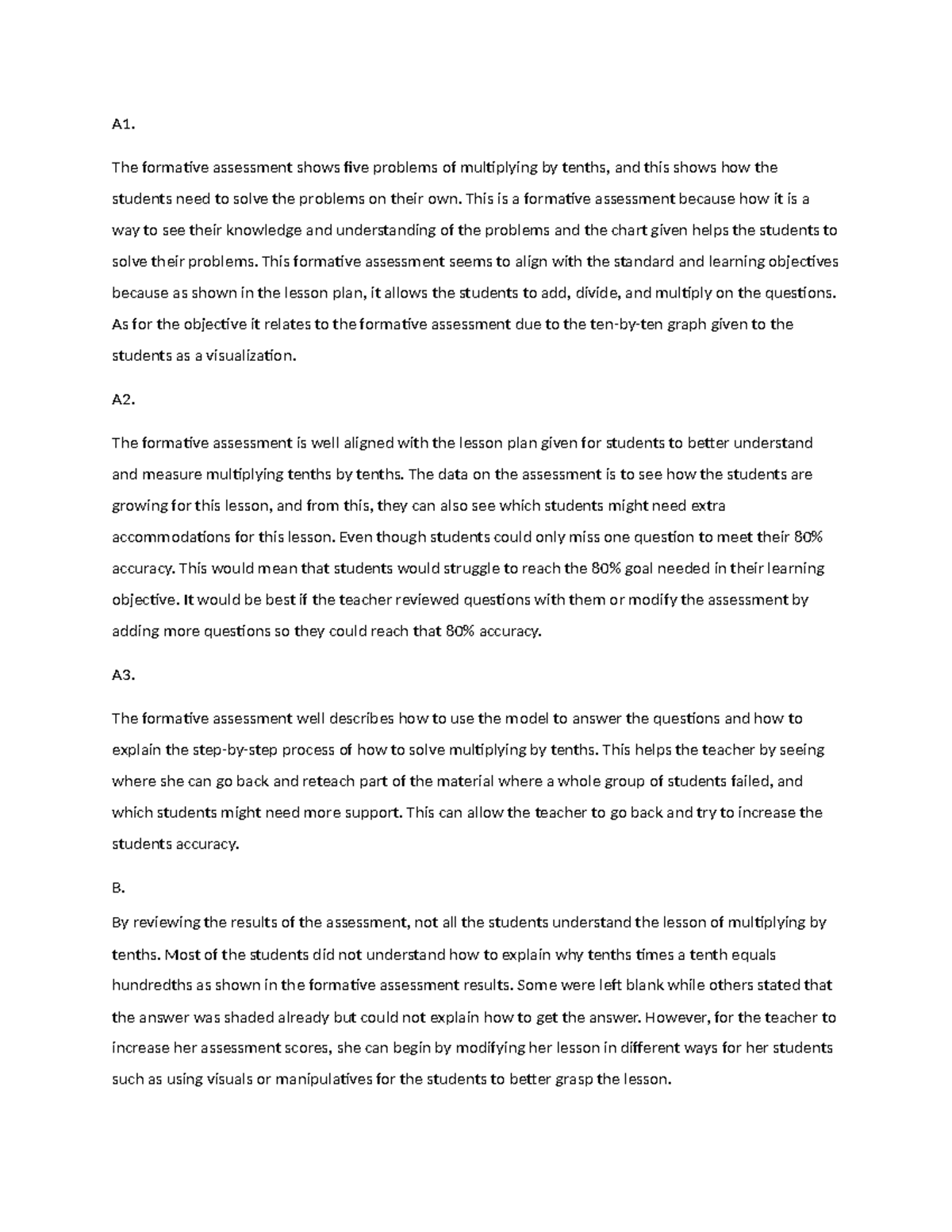 D091 task 3 - task 3 - A1. The formative assessment shows five problems ...