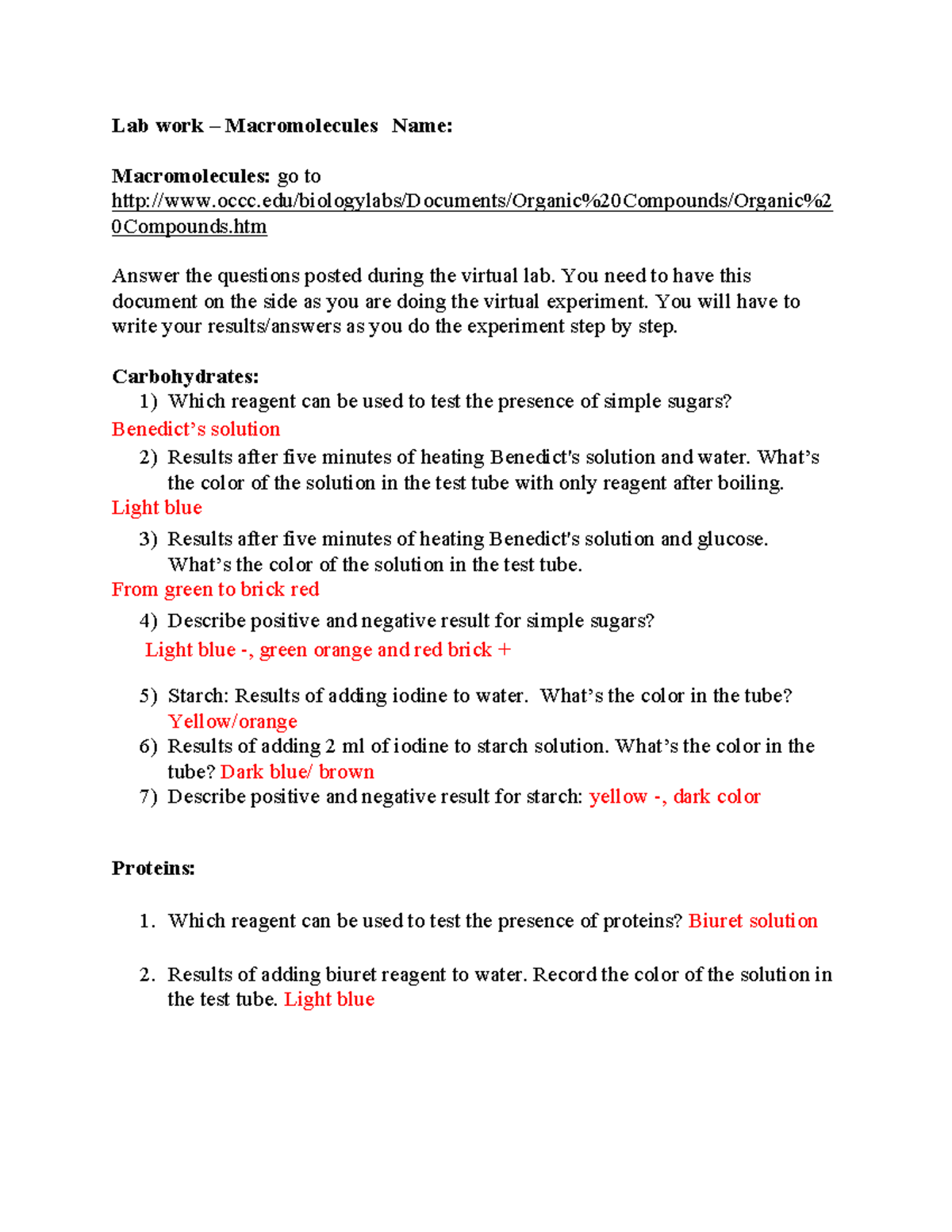 Answers to macromolecules homework Lab work Macromolecules Name
