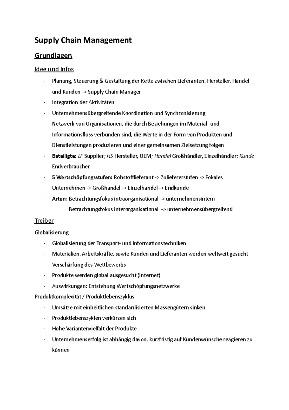 Zusammenfassung des Moduls Supply Chain Management - Supply Chain ...