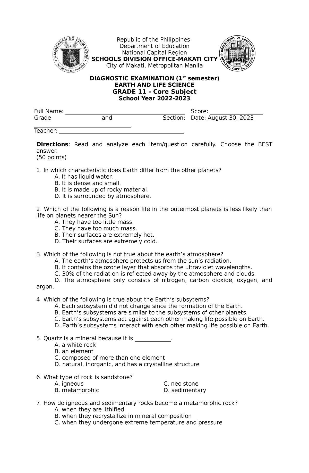 Earth and Life Science (Diagnostic Test) - Republic of the Philippines ...