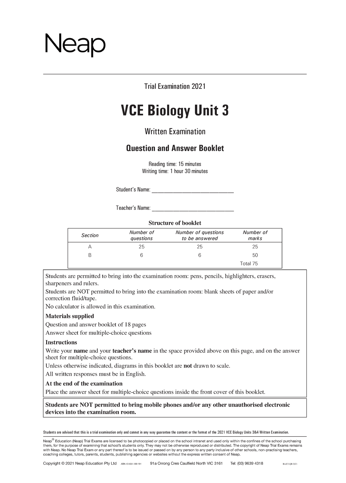 VCE Biology Unit 3 Question And Answer Booklet 2021 - Trial Examination ...