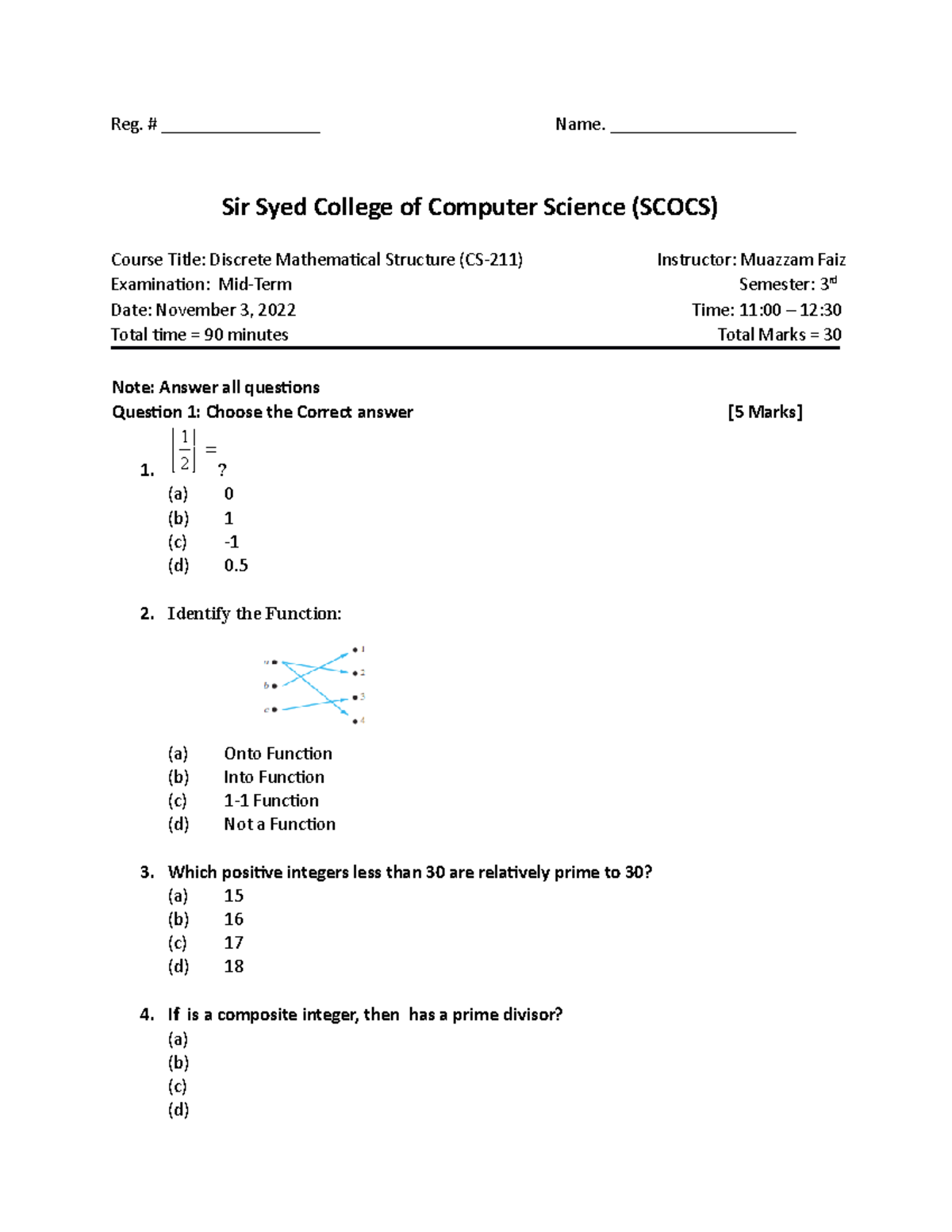 Mid term - Mid term paper sample - Reg. # _________________ Name ...