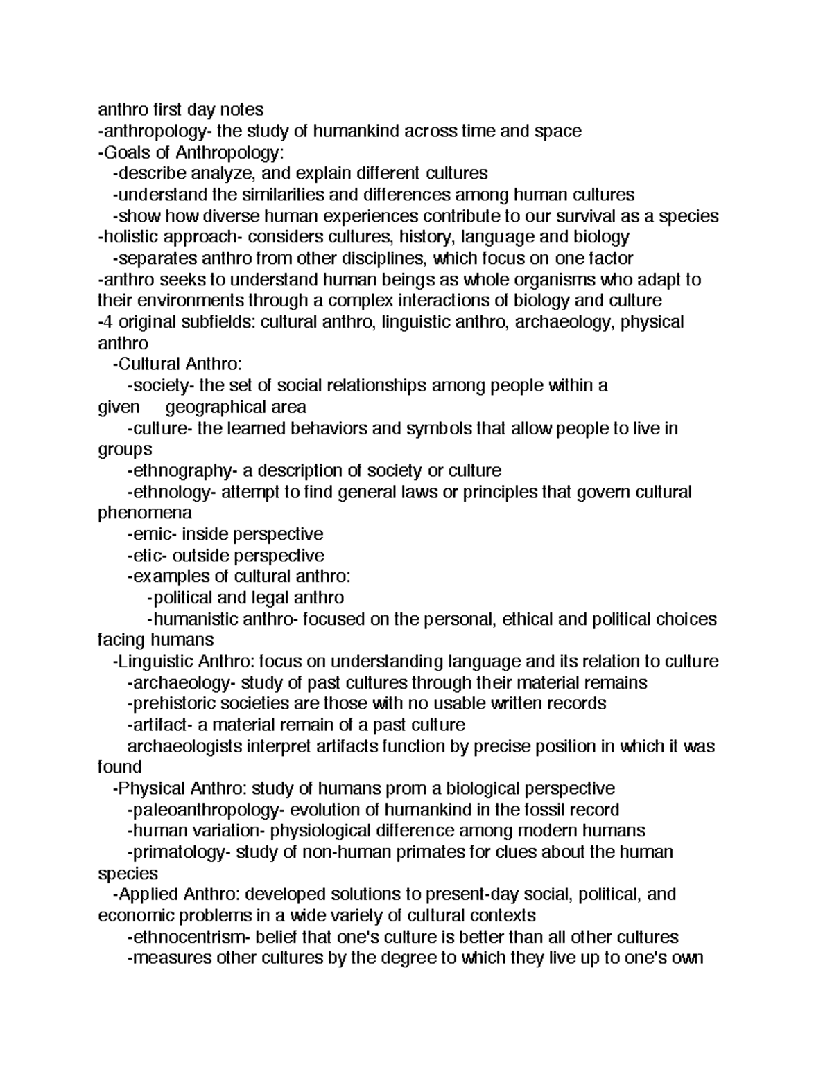 Anthro first day notes - anthro first day notes anthropology- the study ...