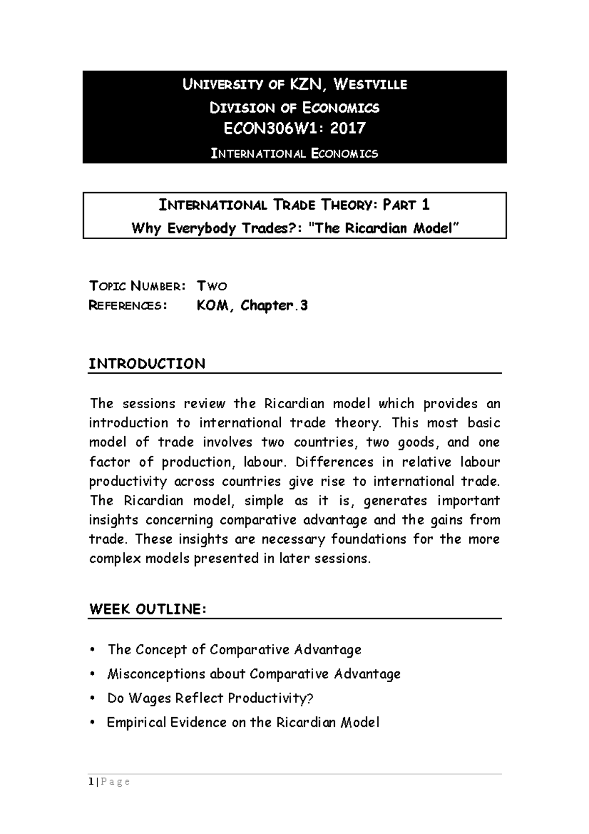 THE RICARDIAN MODEL - UNIVERSITY OF KZN, WESTVILLE DIVISION OF ...