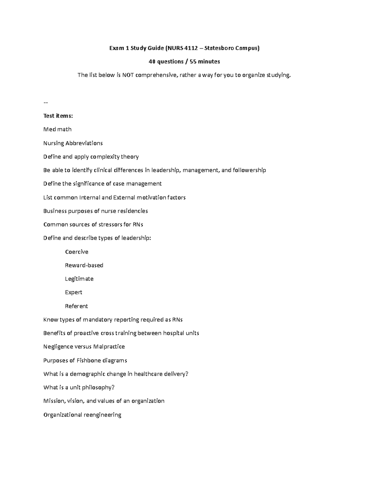 Exam One Study Guide - Fall 2023 - SB - Exam 1 Study Guide (NURS 4112 ...