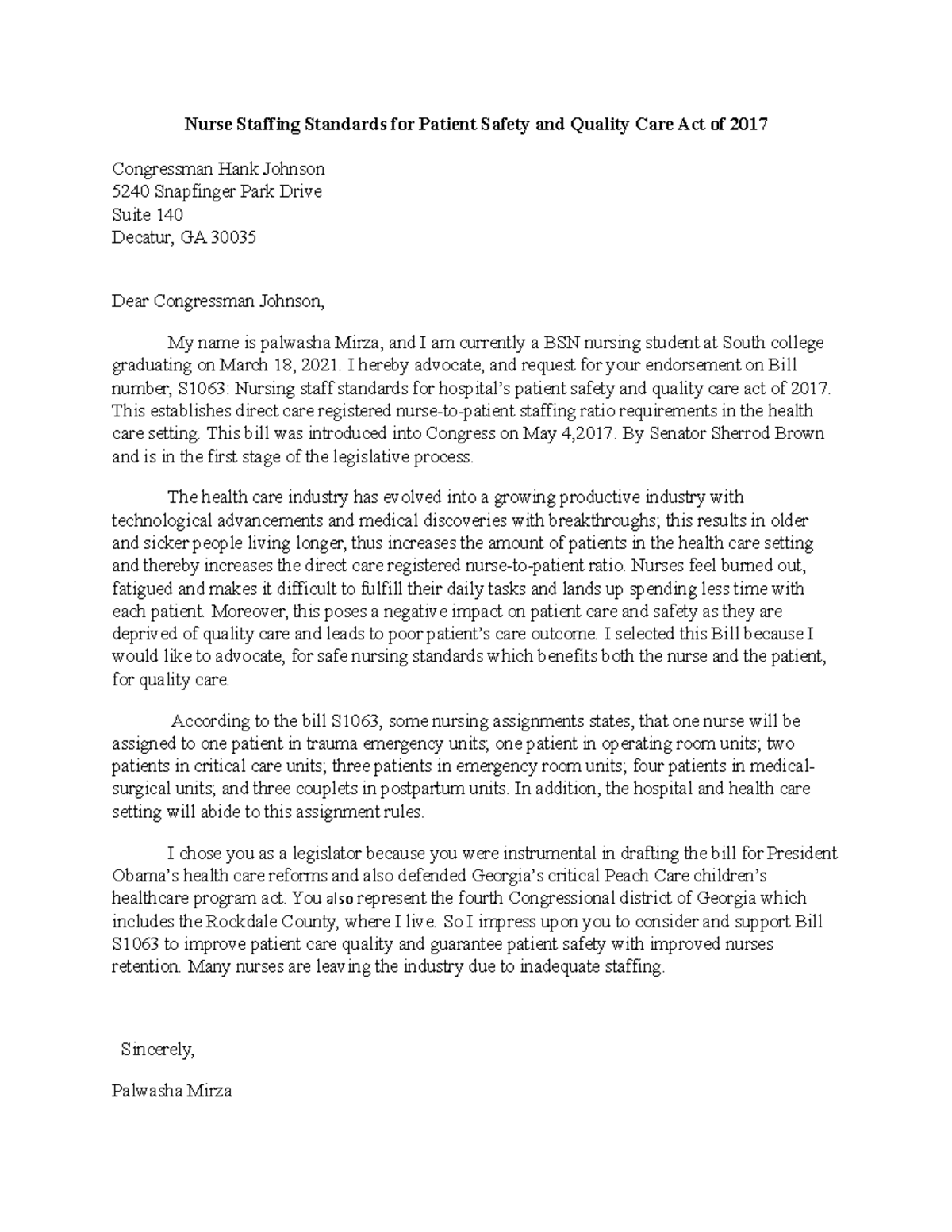 Letter to legislato - Nurse Staffing Standards for Patient Safety and ...