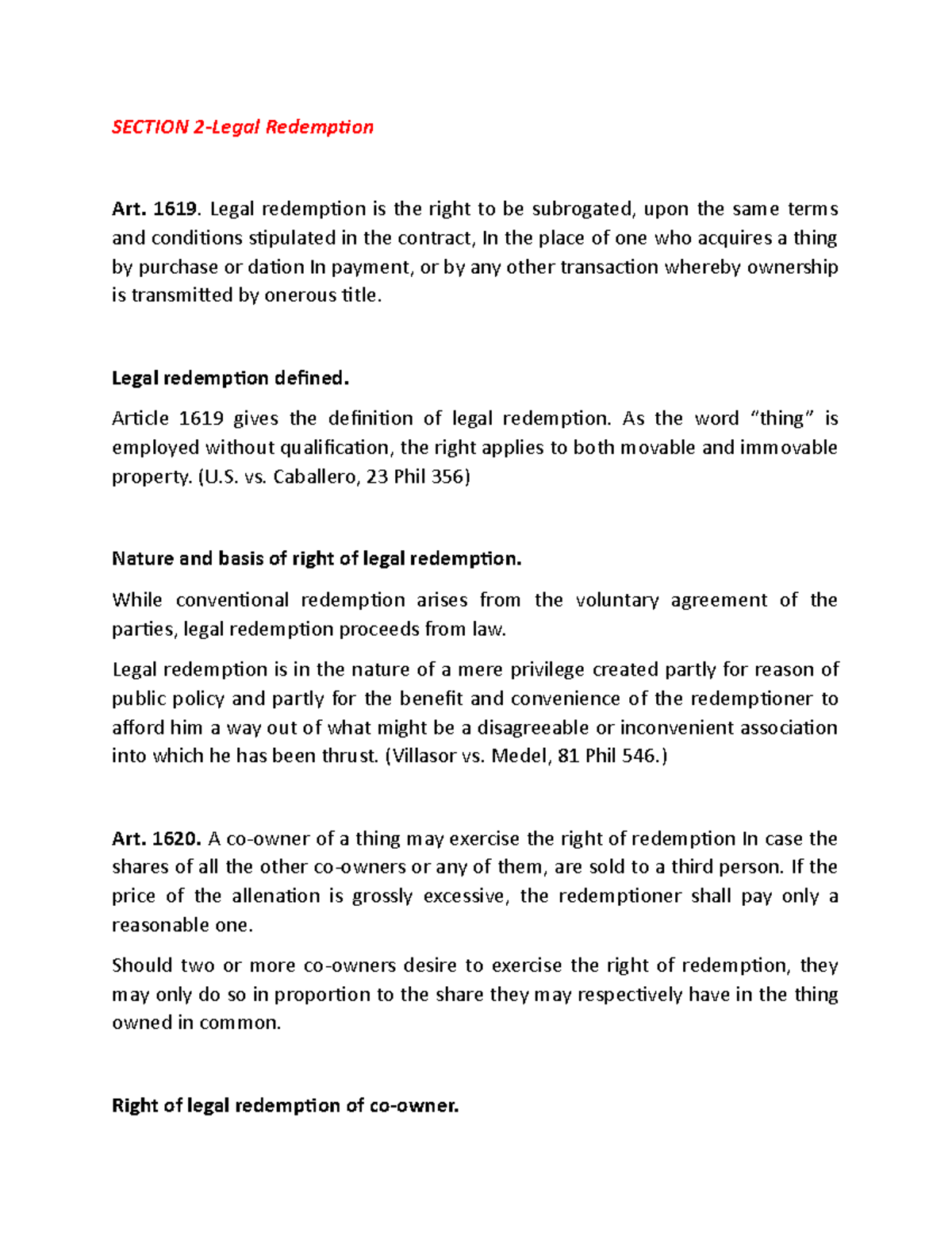 Section 2Legal Redemption SECTION 2Legal Redemption Art. 1619