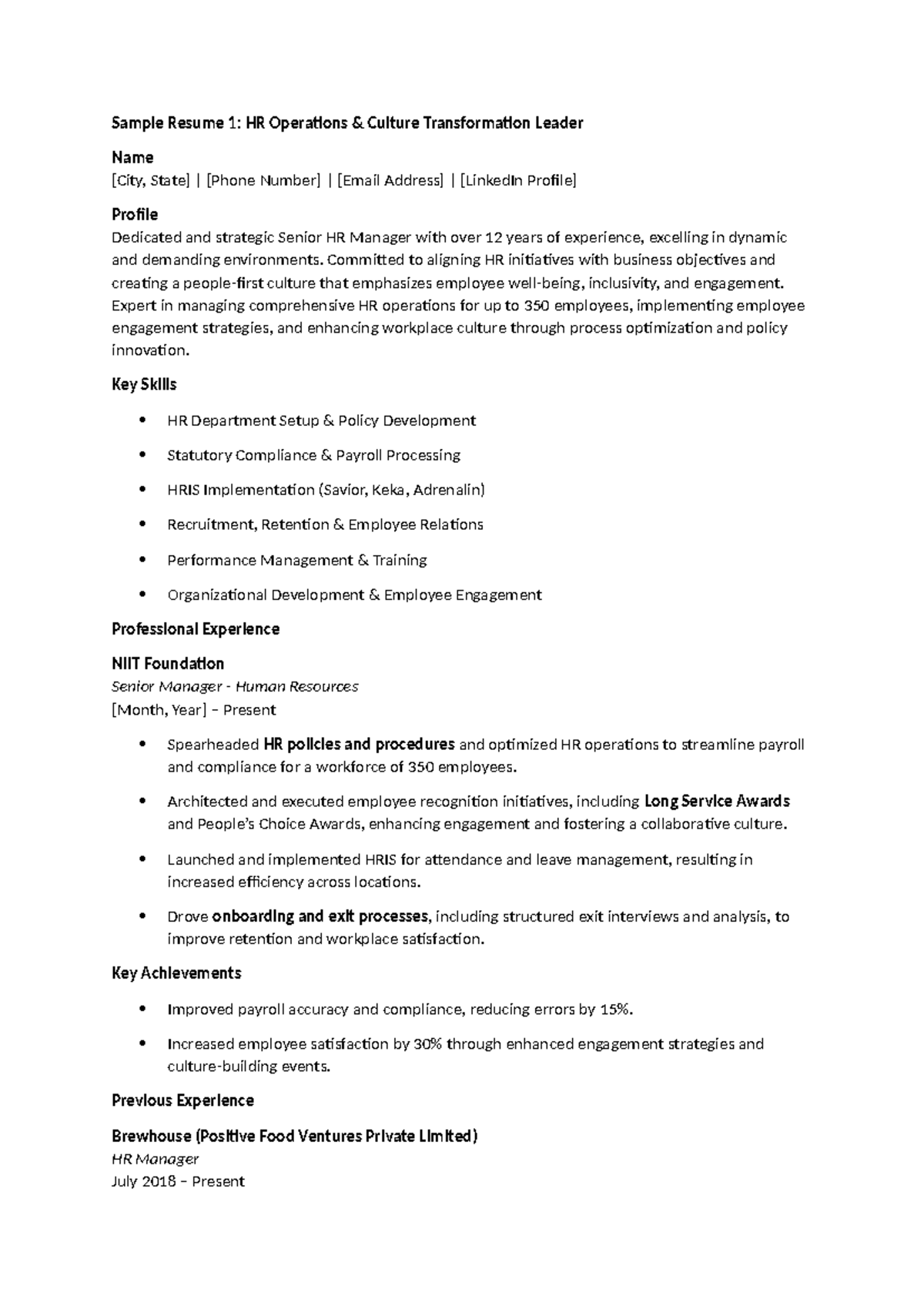 Notes for studies - Sample Resume 1: HR Operations & Culture ...