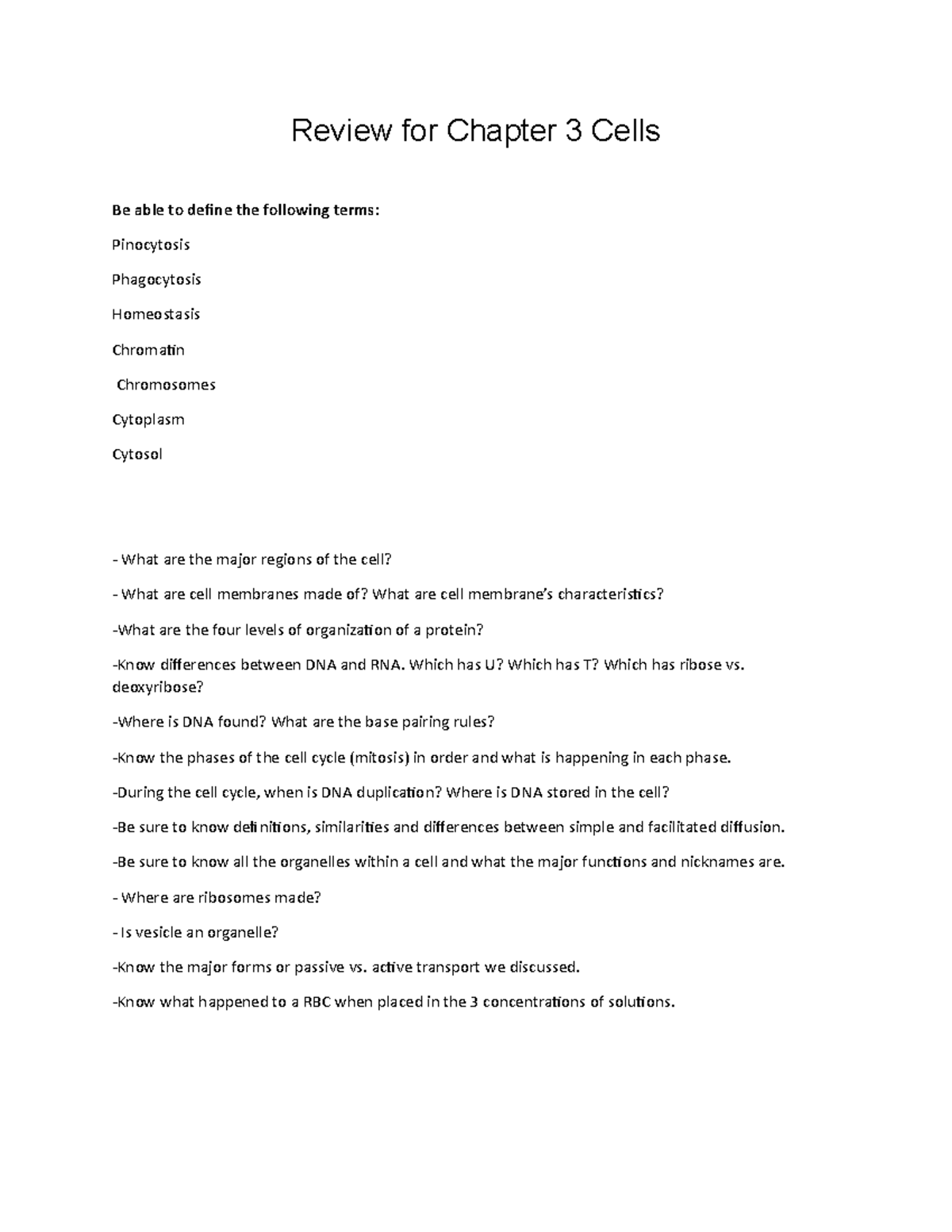 BIO 111 112 114 Exam Review Chapter 3 Cells - Review for Chapter 3 ...