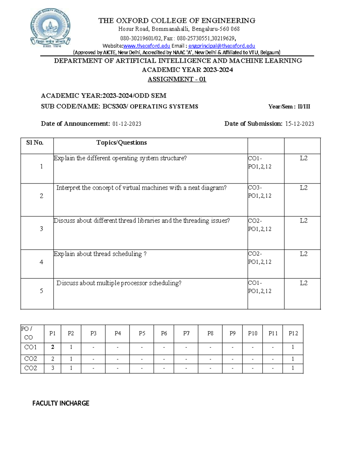 OS Assgn 1 - THE OXFORD COLLEGE OF ENGINEERING Hosur Road, Bommanahalli ...