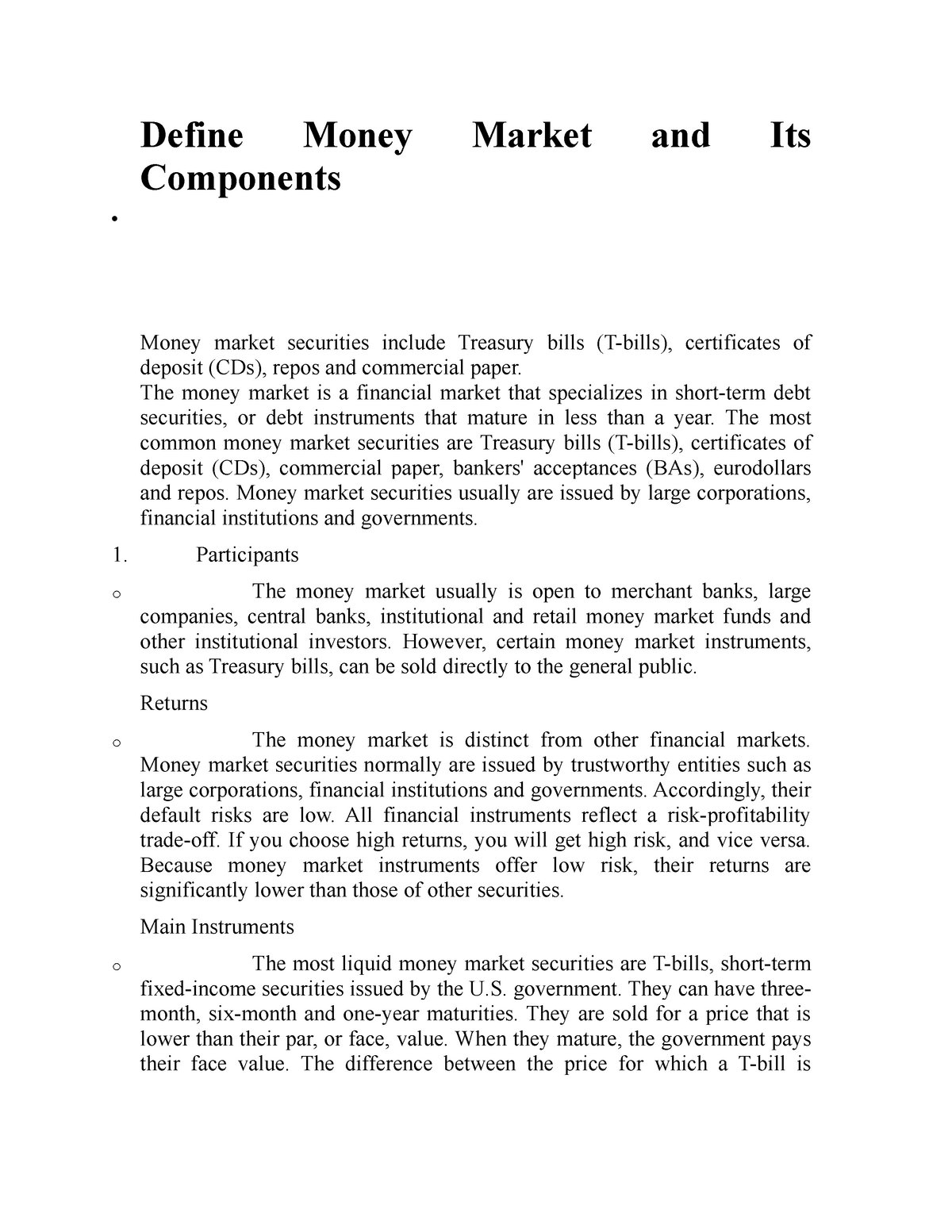 essay about money market