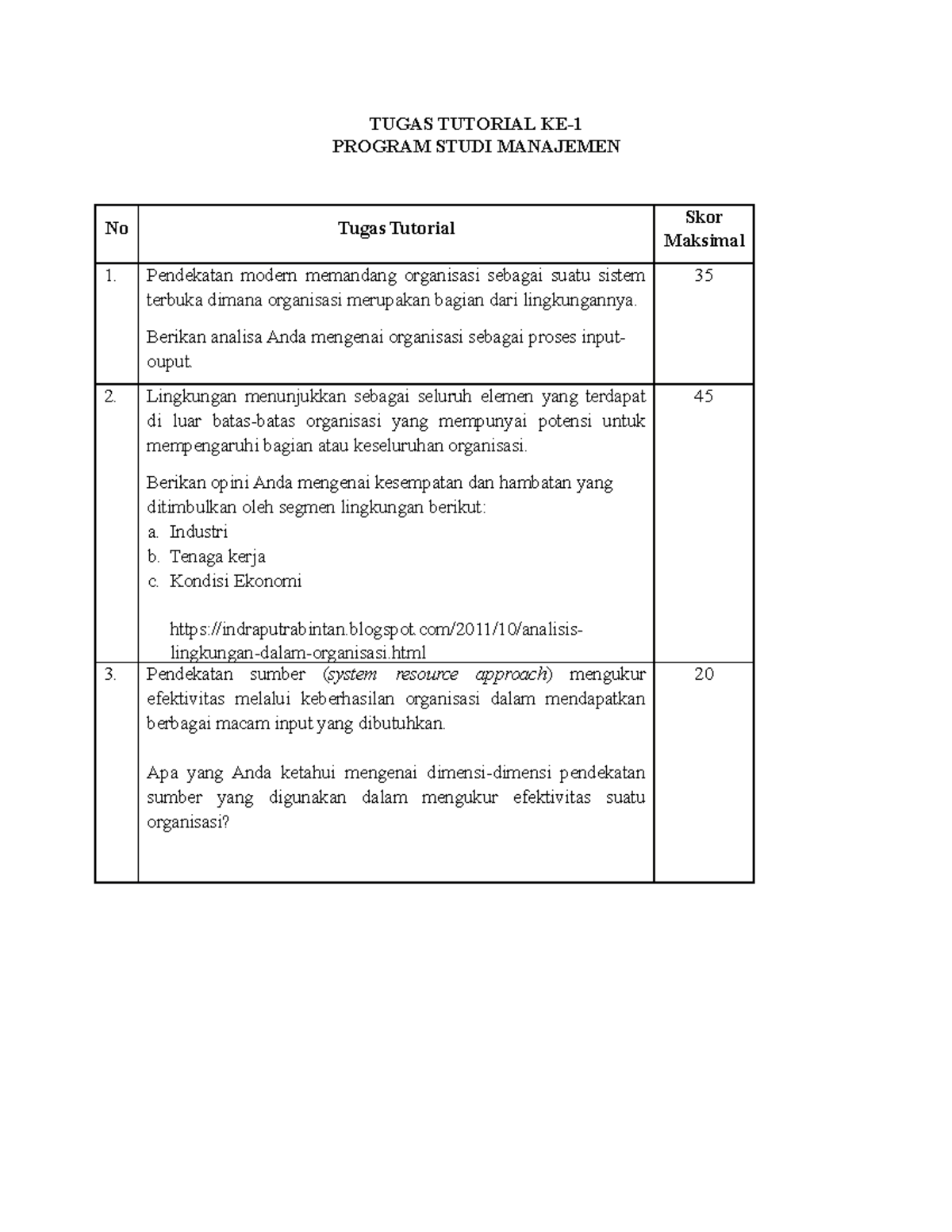 Tugas 1 - TUGAS TUTORIAL KE- PROGRAM STUDI MANAJEMEN No Tugas Tutorial ...
