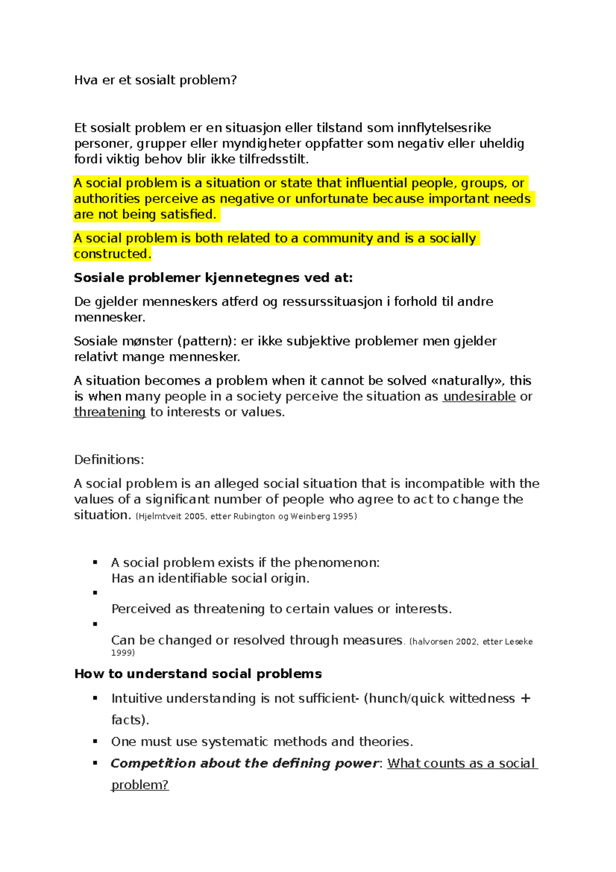 Velferdssosiologi - Notat fra SV135 - Hva er et sosialt problem? Et ...