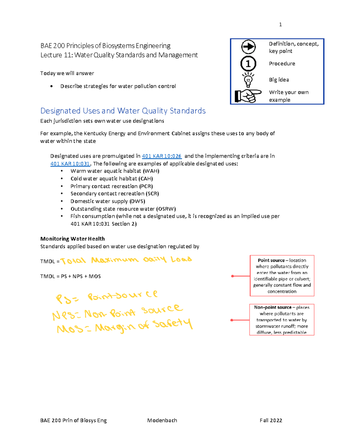 Lecture+11+-+Water+Quality+Standards+-+Posted+Notes - 1 BAE 200 Prin of ...