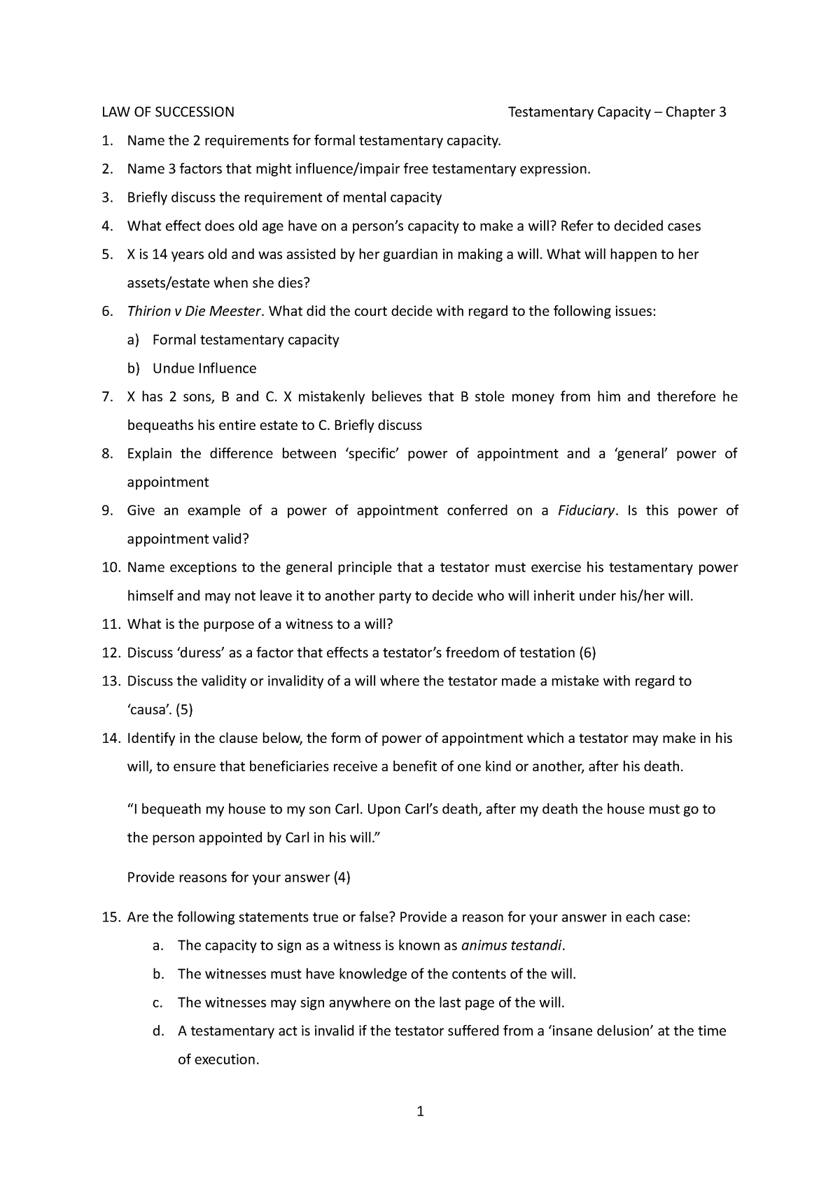 2023 Class questions Testamentary Capacity - LAW OF SUCCESSION ...