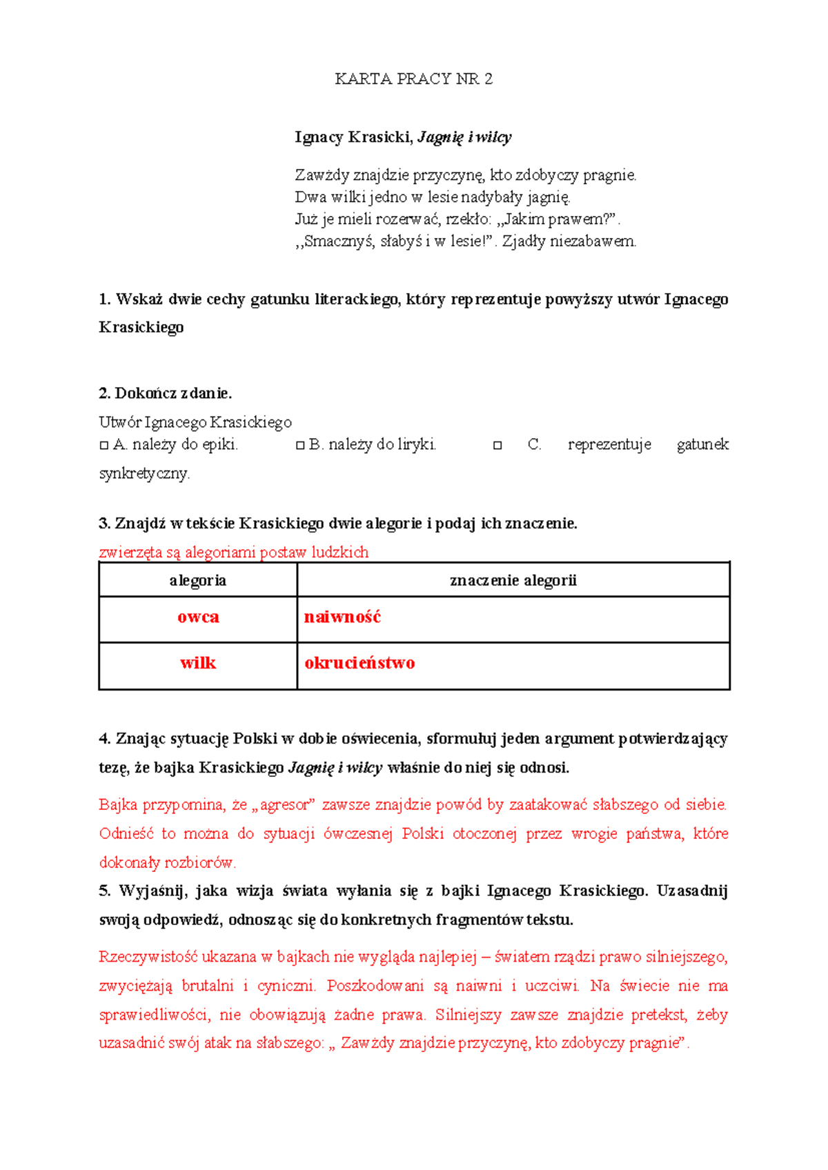Karta pracy oświecenie - KARTA PRACY NR 2 Ignacy Krasicki, Jagnię i
