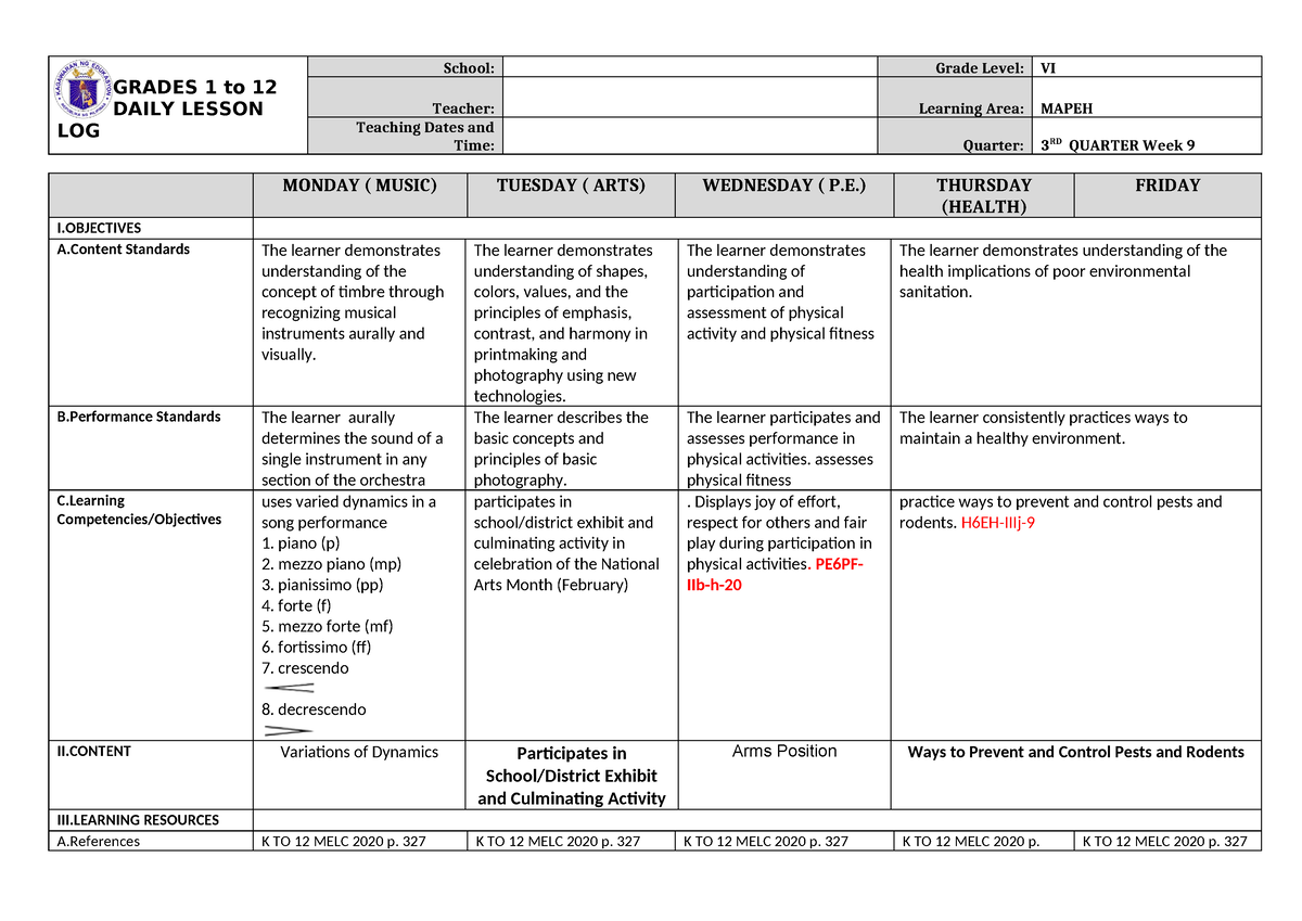 Dll Mapeh 6 Q3 W9 For Lecture Purposes Grades 1 To 12 Daily Lesson