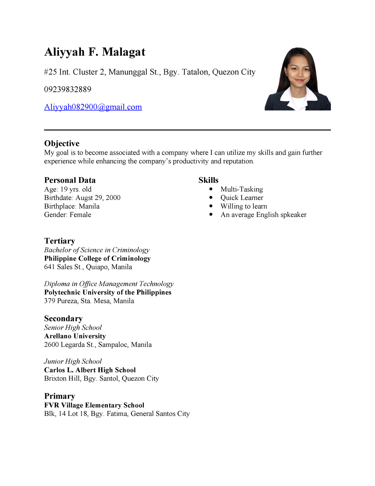 Resume - Aliyyah F. Malagat #25 Int. Cluster 2, Manunggal St., Bgy ...