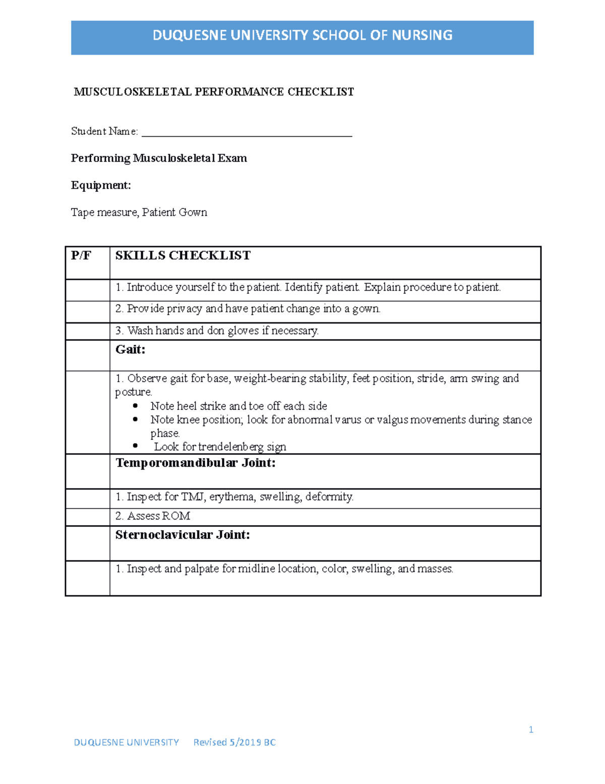 Preformance Checklist Musculoskeletal - MUSCULOSKELETAL PERFORMANCE ...