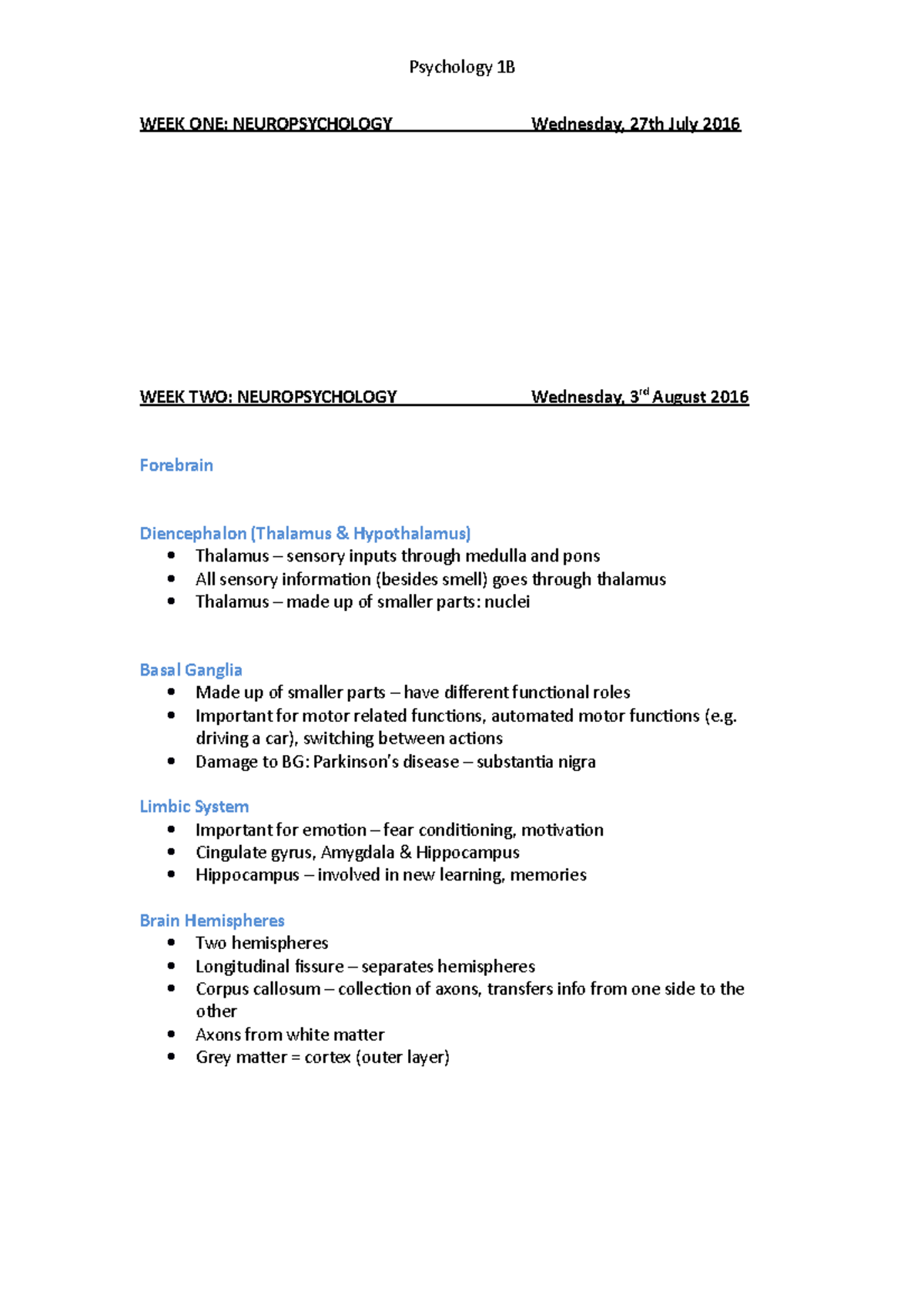 Neuropsych - Lecture Notes - Psychology 1B WEEK ONE: NEUROPSYCHOLOGY ...