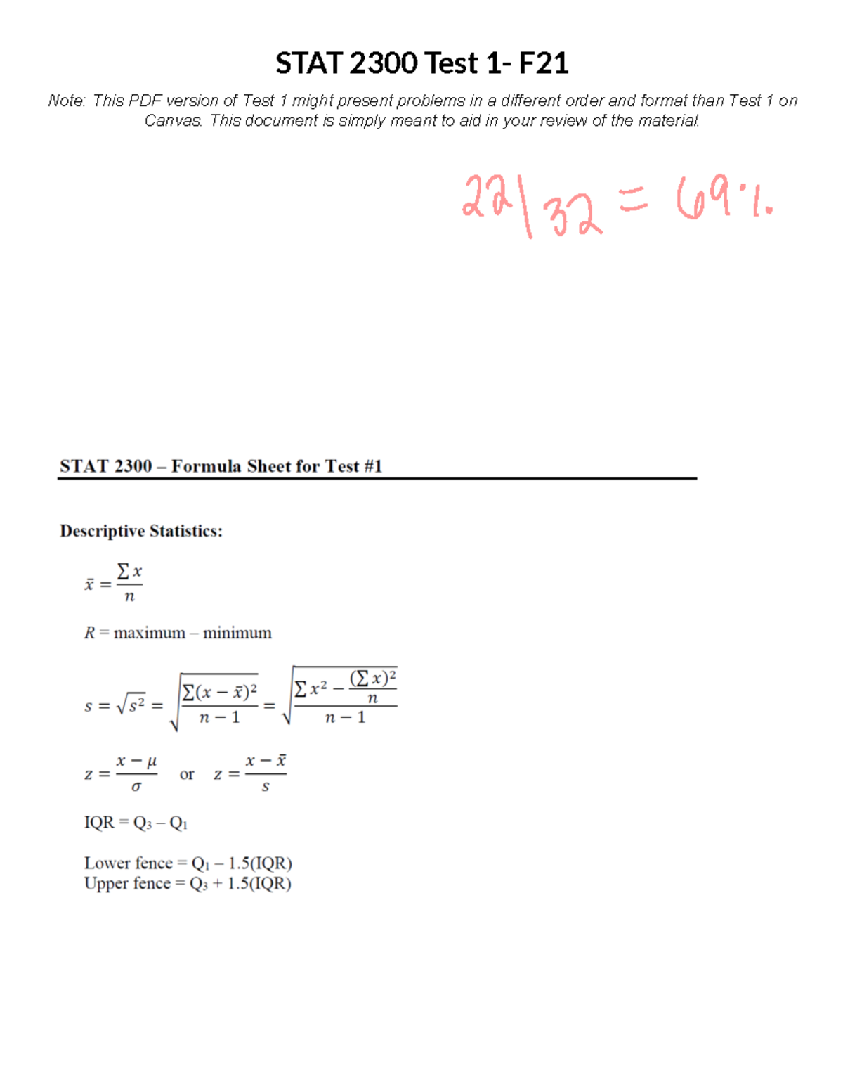 Practice Test 1 Fall 2021 - STAT 2300 Test 1- F Note: This PDF version ...