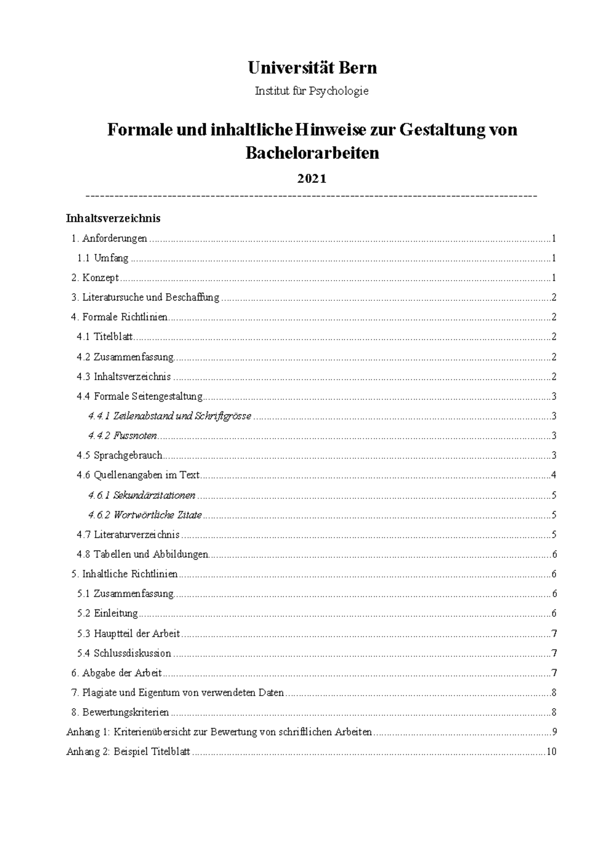 BA Richtlinien 21 Institut - Universität Bern Institut Für Psychologie ...