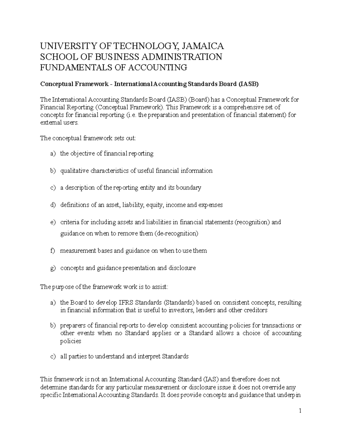 Unit 2 Introduction to Accounting Frameworks 1919 UNIVERSITY OF