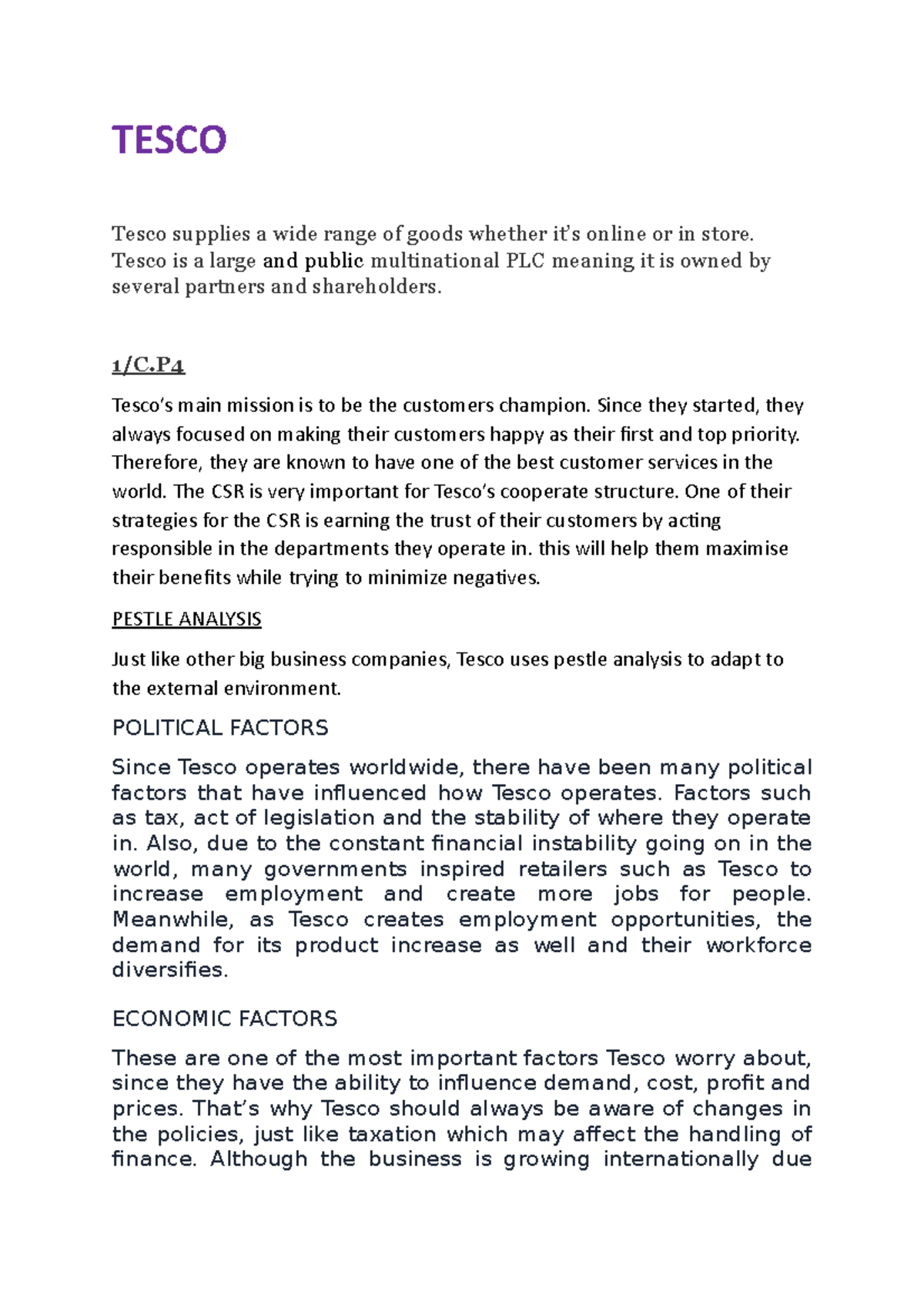 Assignement 2 business TESCO Tesco supplies a wide range of goods